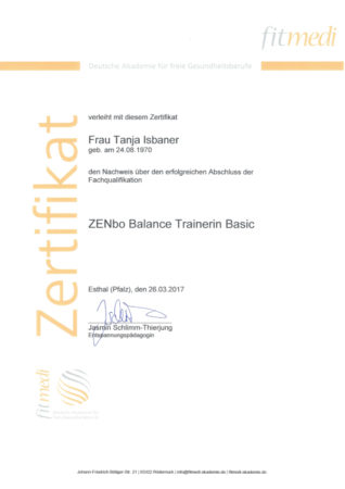 Zertifikat ZENbo Balance Trainerin Basic